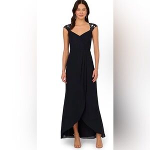 Adrianna Papell Beaded Yoke Chiffon Formal Dress Midnight Navy Size 18